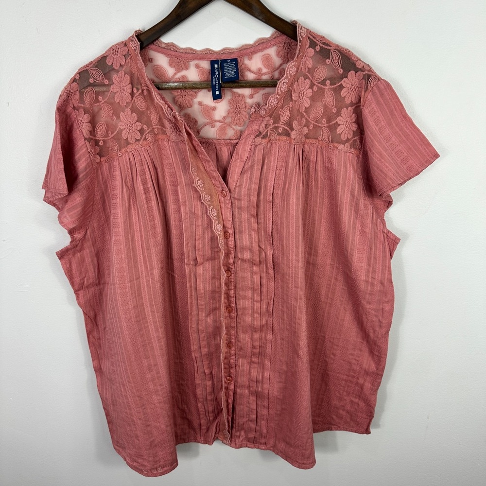 Architect Woman Blouse Womens 3X Pink Lace Mesh Floral Boho Button Down Top